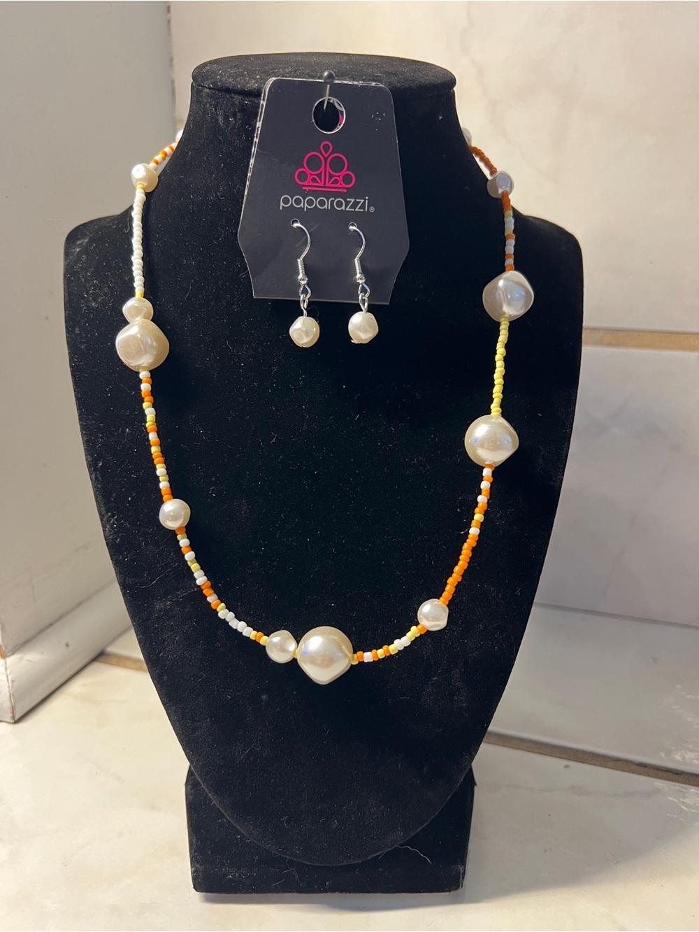 Paparazzi Orange, White & Yellow Beaded Pearl Necklace with Matching Earrings